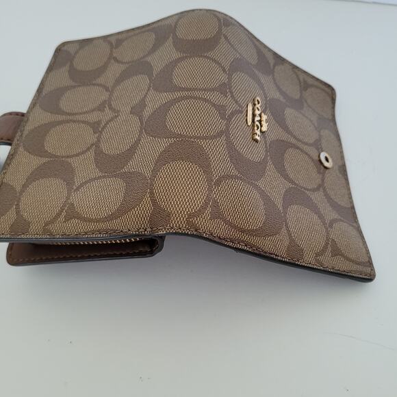 Coach Wallet Crossgrain Leather Monogram Brown Tan Medium Bifold Logo Compact - Picture 7 of 9